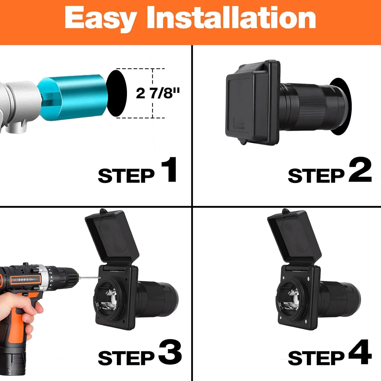 50 AMP Twist Lock RV Shore Power Inlet 125V/250V with 3 Stainless Steel Pins and Screws RV Shore Power Inlet with Weatherproof Boot Kit,NEMA SS2-50P,ETL Listed,Black