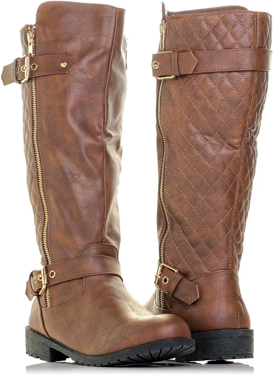 Bally-32 Women's Winkle Back Side Zip Vegan Knee High Riding Boots with Quilted Detail and Stacked Heel