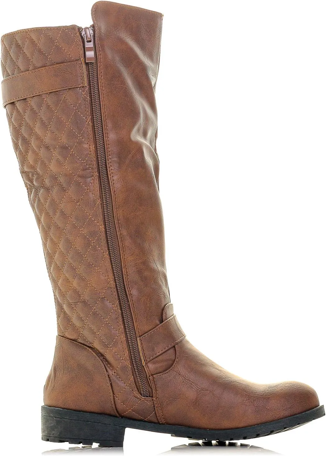 Bally-32 Women's Winkle Back Side Zip Vegan Knee High Riding Boots with Quilted Detail and Stacked Heel