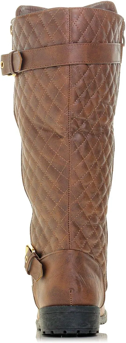 Bally-32 Women's Winkle Back Side Zip Vegan Knee High Riding Boots with Quilted Detail and Stacked Heel