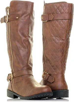 Bally-32 Women's Winkle Back Side Zip Vegan Knee High Riding Boots with Quilted Detail and Stacked Heel