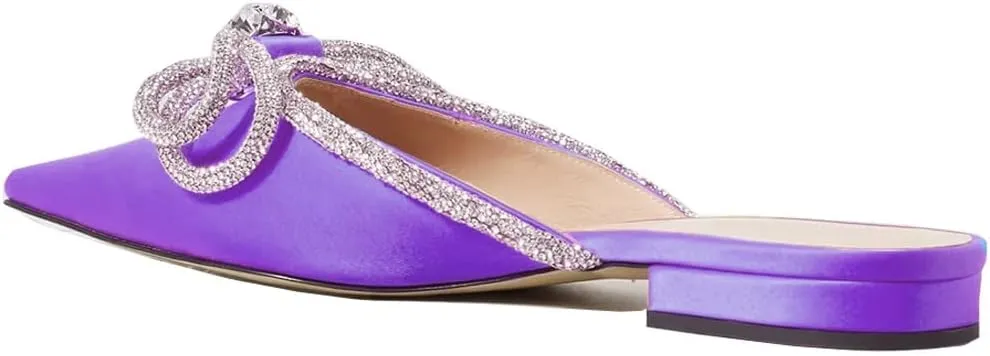 Divanne Women's Flat Mules, Pointed Toe Backless Loafer Shoes Rhinestone Bowknot Slip on Mule Slides