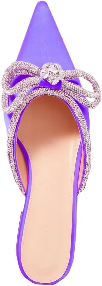 Divanne Women's Flat Mules, Pointed Toe Backless Loafer Shoes Rhinestone Bowknot Slip on Mule Slides