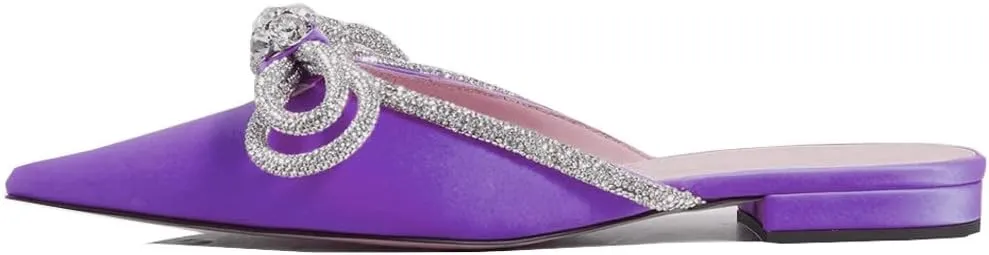 Divanne Women's Flat Mules, Pointed Toe Backless Loafer Shoes Rhinestone Bowknot Slip on Mule Slides