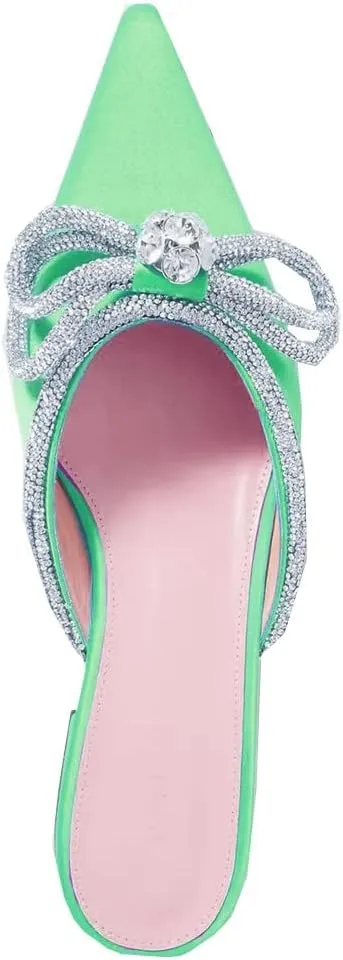 Divanne Women's Flat Mules, Pointed Toe Backless Loafer Shoes Rhinestone Bowknot Slip on Mule Slides