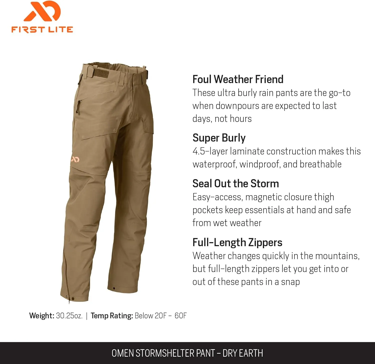 First Lite Men's Omen Stormshelter Pant - Waterproof Durable Camo Hunting Rain Pants