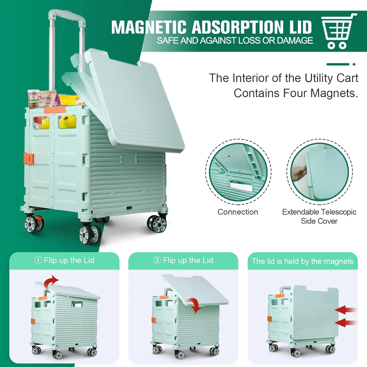 Foldable Utility Cart Folding Portable Rolling Crate with Magnetic Extended Lid,360°Rotate Wheels,176LBS Load Capacity,Heavy Duty Durable Dolly Cart for Teacher Tourist Shopping Office Outdoor