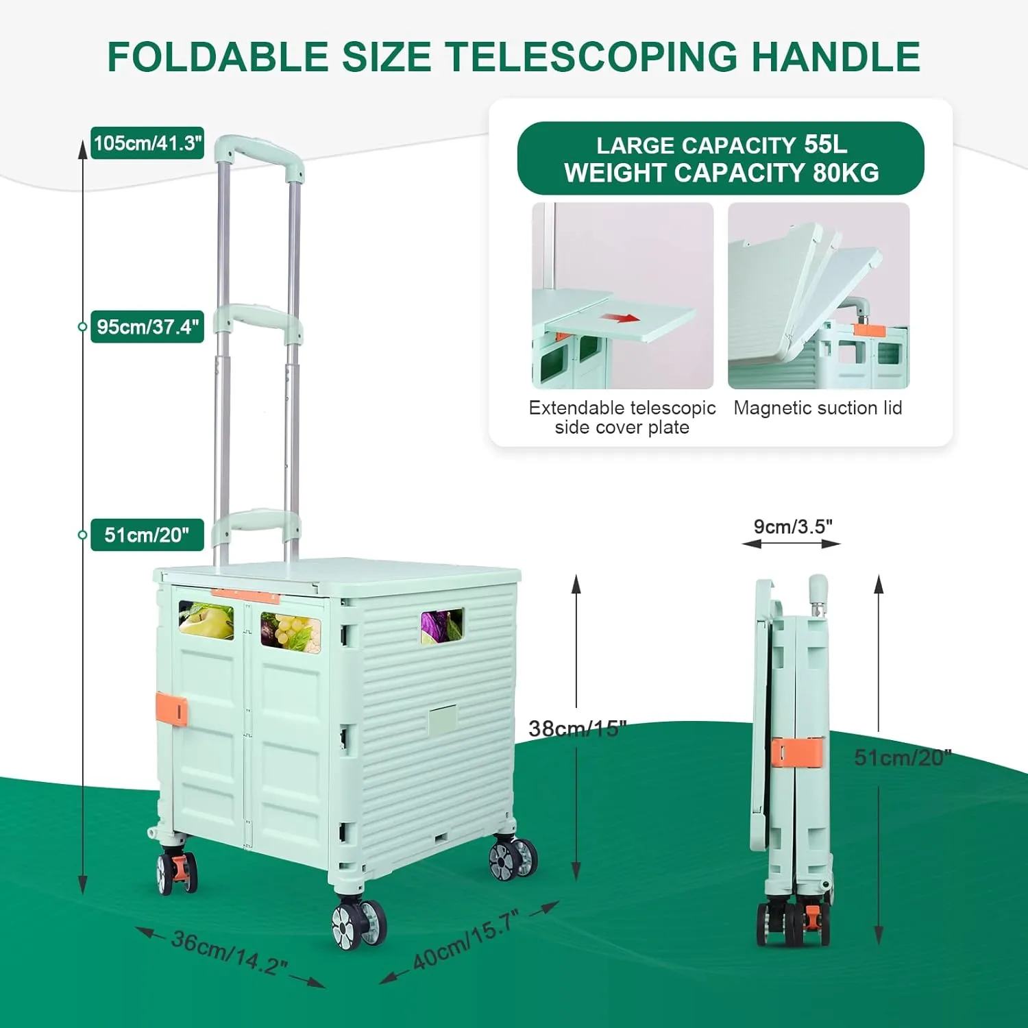 Foldable Utility Cart Folding Portable Rolling Crate with Magnetic Extended Lid,360°Rotate Wheels,176LBS Load Capacity,Heavy Duty Durable Dolly Cart for Teacher Tourist Shopping Office Outdoor