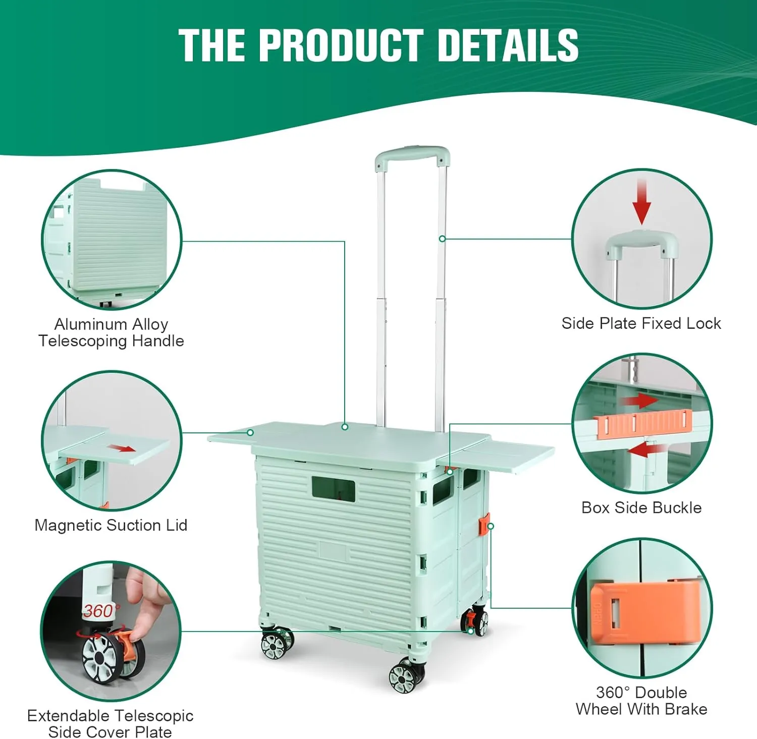 Foldable Utility Cart Folding Portable Rolling Crate with Magnetic Extended Lid,360°Rotate Wheels,176LBS Load Capacity,Heavy Duty Durable Dolly Cart for Teacher Tourist Shopping Office Outdoor