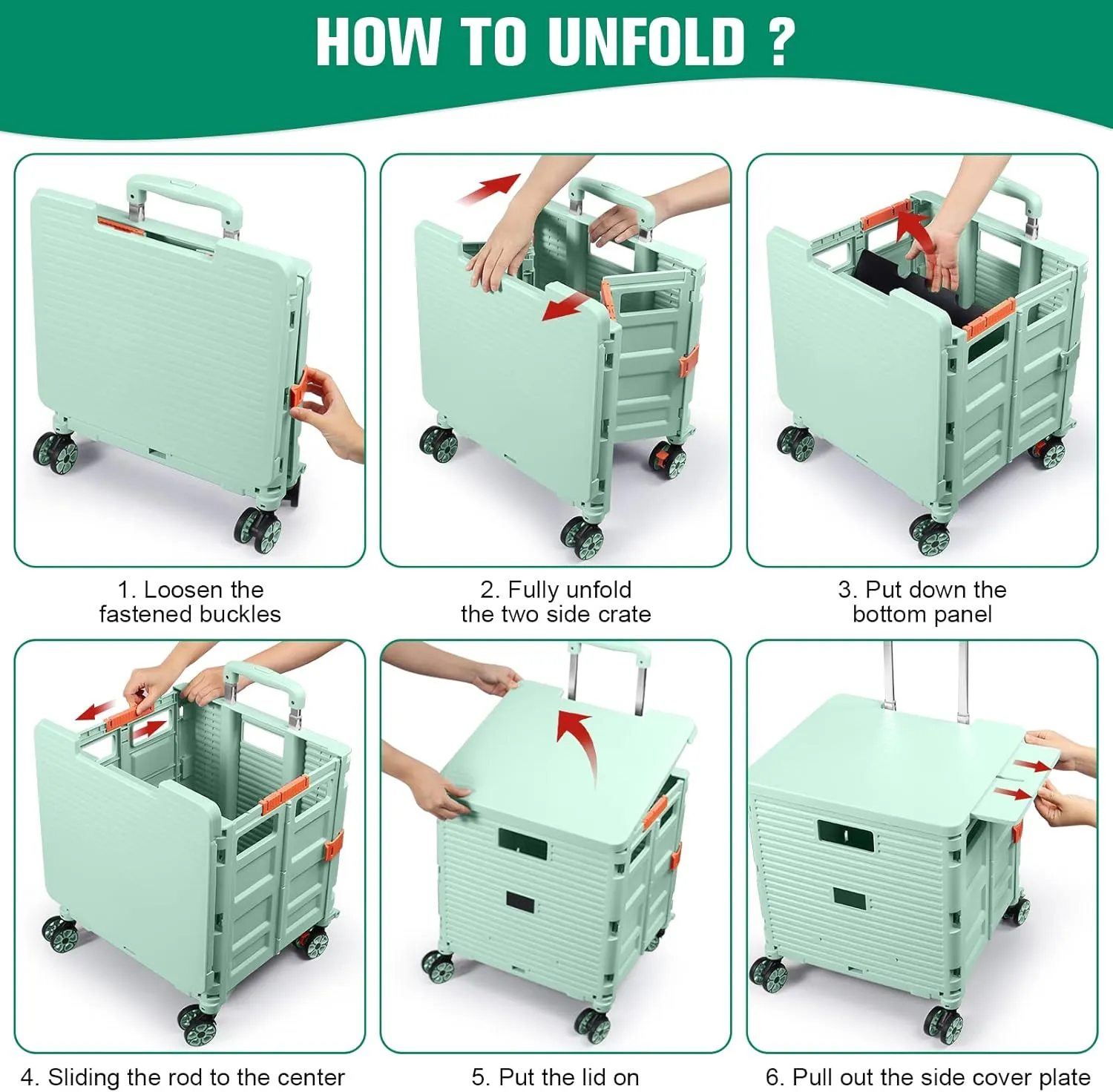 Foldable Utility Cart Folding Portable Rolling Crate with Magnetic Extended Lid,360°Rotate Wheels,176LBS Load Capacity,Heavy Duty Durable Dolly Cart for Teacher Tourist Shopping Office Outdoor
