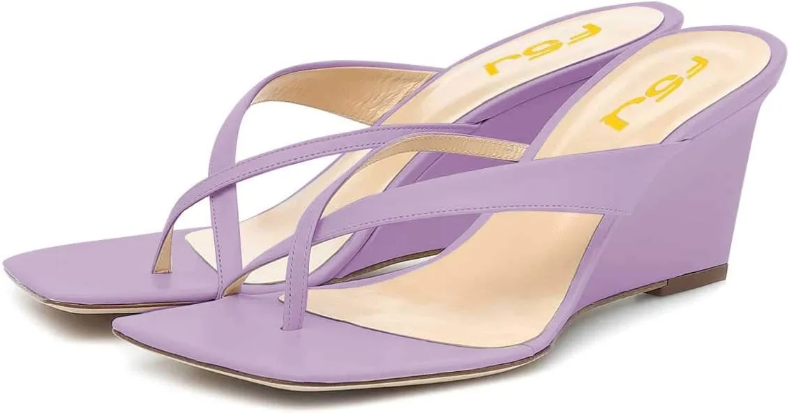 FSJ Women Casual Flip Flop Slide Mule Shoes Square Open Toe Thong Sandal Summer Wedge High Heel Size 4-15 US
