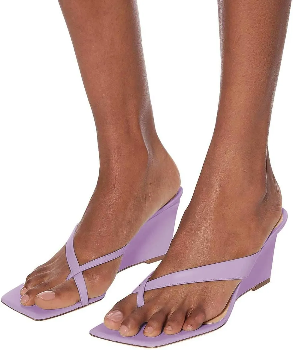 FSJ Women Casual Flip Flop Slide Mule Shoes Square Open Toe Thong Sandal Summer Wedge High Heel Size 4-15 US