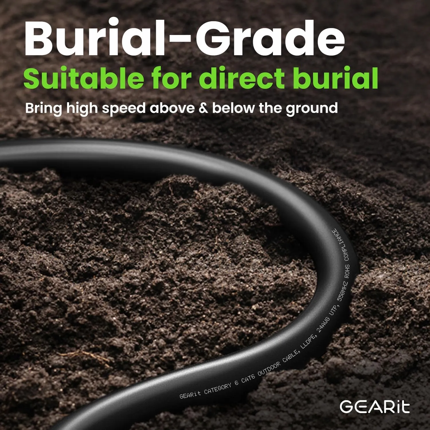 GEARit RJ45 Cat-6 Ethernet Patch Cable, 10Gpbs Transfer Speed, Gold-Plated Connectors, Copper Clad, Outdoor, UV Resistant, Direct Burial, Waterproof, Durable, 150 Foot (45.7 Meters), Black