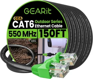 GEARit RJ45 Cat-6 Ethernet Patch Cable, 10Gpbs Transfer Speed, Gold-Plated Connectors, Copper Clad, Outdoor, UV Resistant, Direct Burial, Waterproof, Durable, 150 Foot (45.7 Meters), Black