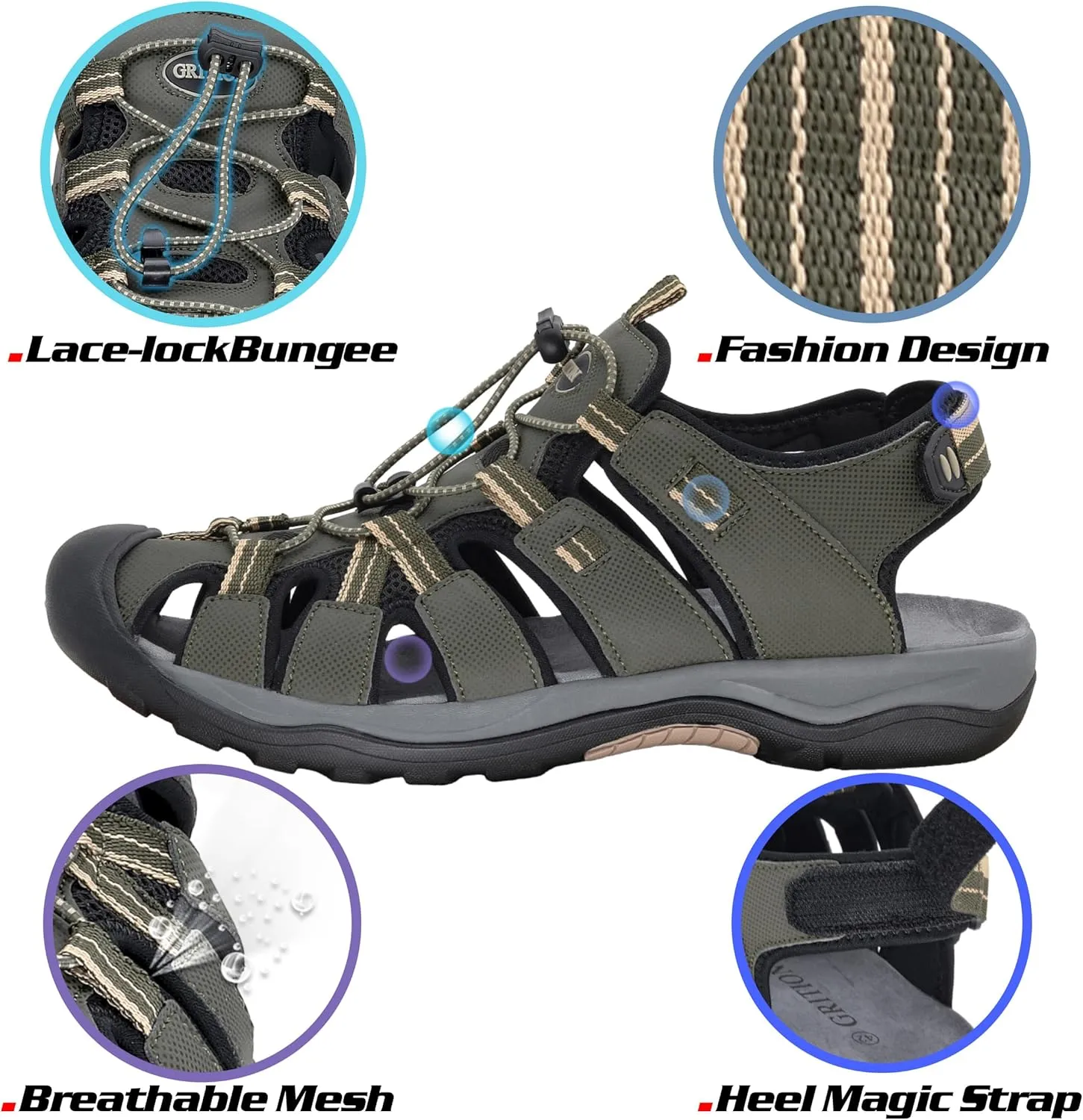 GRITION Mens Outdoor Hiking Sandals Summer Beach Closed Toe Water Sandal Waterproof Comfortable Fisherman Adventures Sport Athletic Walking Traveling Shoes Sandles