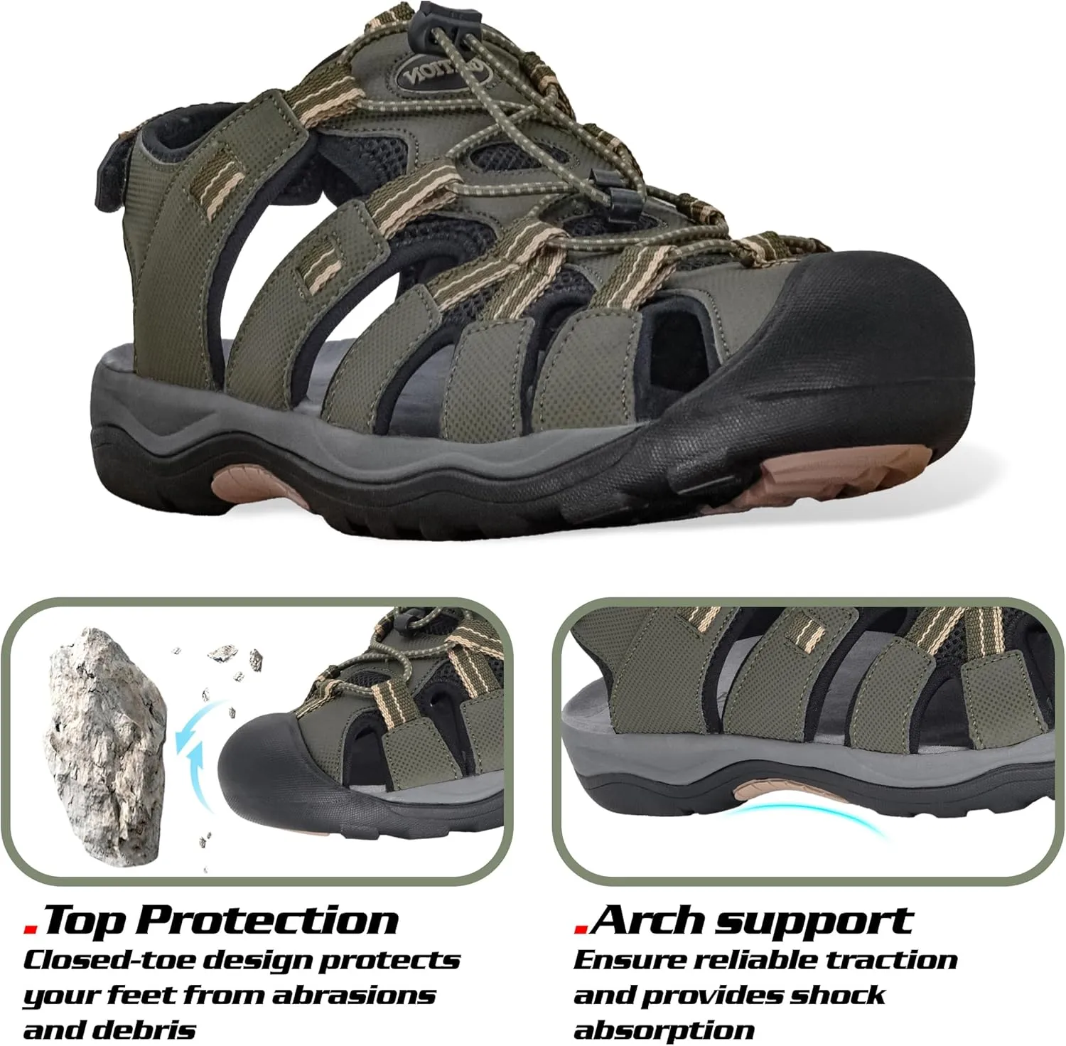 GRITION Mens Outdoor Hiking Sandals Summer Beach Closed Toe Water Sandal Waterproof Comfortable Fisherman Adventures Sport Athletic Walking Traveling Shoes Sandles