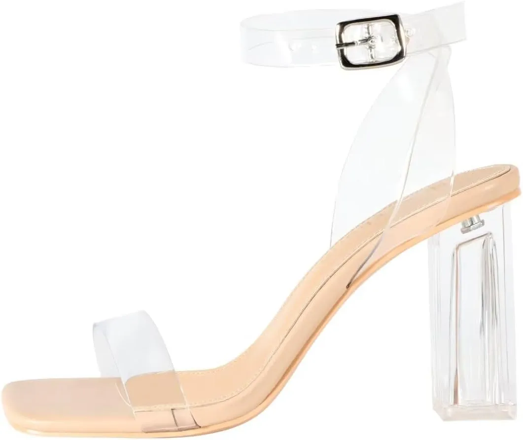 Heels Charm Women's Clear Chunky Block Heeled Sandals 3.74 Inches Open Toe Ankle Strap Block High Heel Sandal Dress Dancing Sandals Daily Work Party Shoes