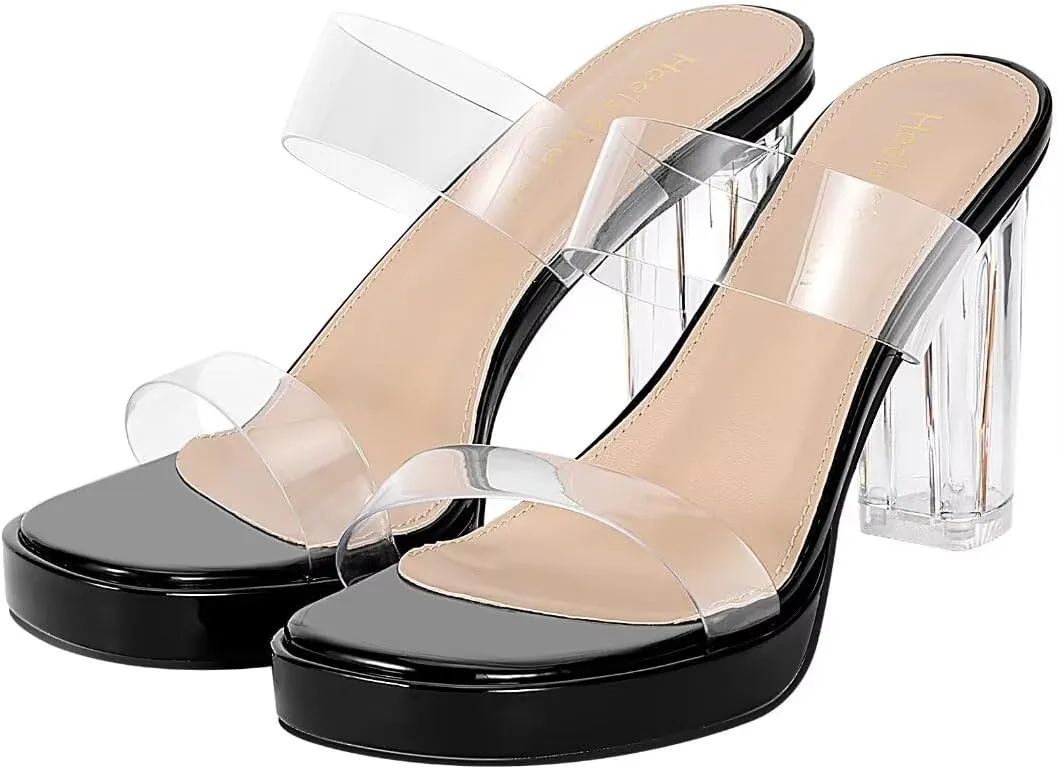Heels Charm Women's Platform Heels Clear Chunky Block Heeled Sandals Open Toe Two Strap Slip On Block High Heel Sandal Dress Dancing Sandals Daily Work Party Shoes