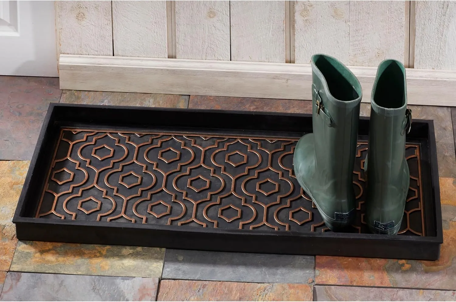 HF by LT Jasmine Premium Rubber Boot Tray, 34 x 14 inches, Heavy Duty Vulcanized Rubber Design, One-Piece Seamless Construction, Year Round Use Indoors/Outdoors, Black with Brushed Copper