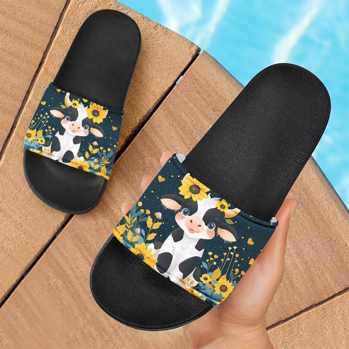 Howilath Blue Butterfly Print Summer Slide Slippers for Men Women Kid, Sunflower Colorful Tie-dye Animals House Slippers Slide Sandal Non-Slip Light Weight