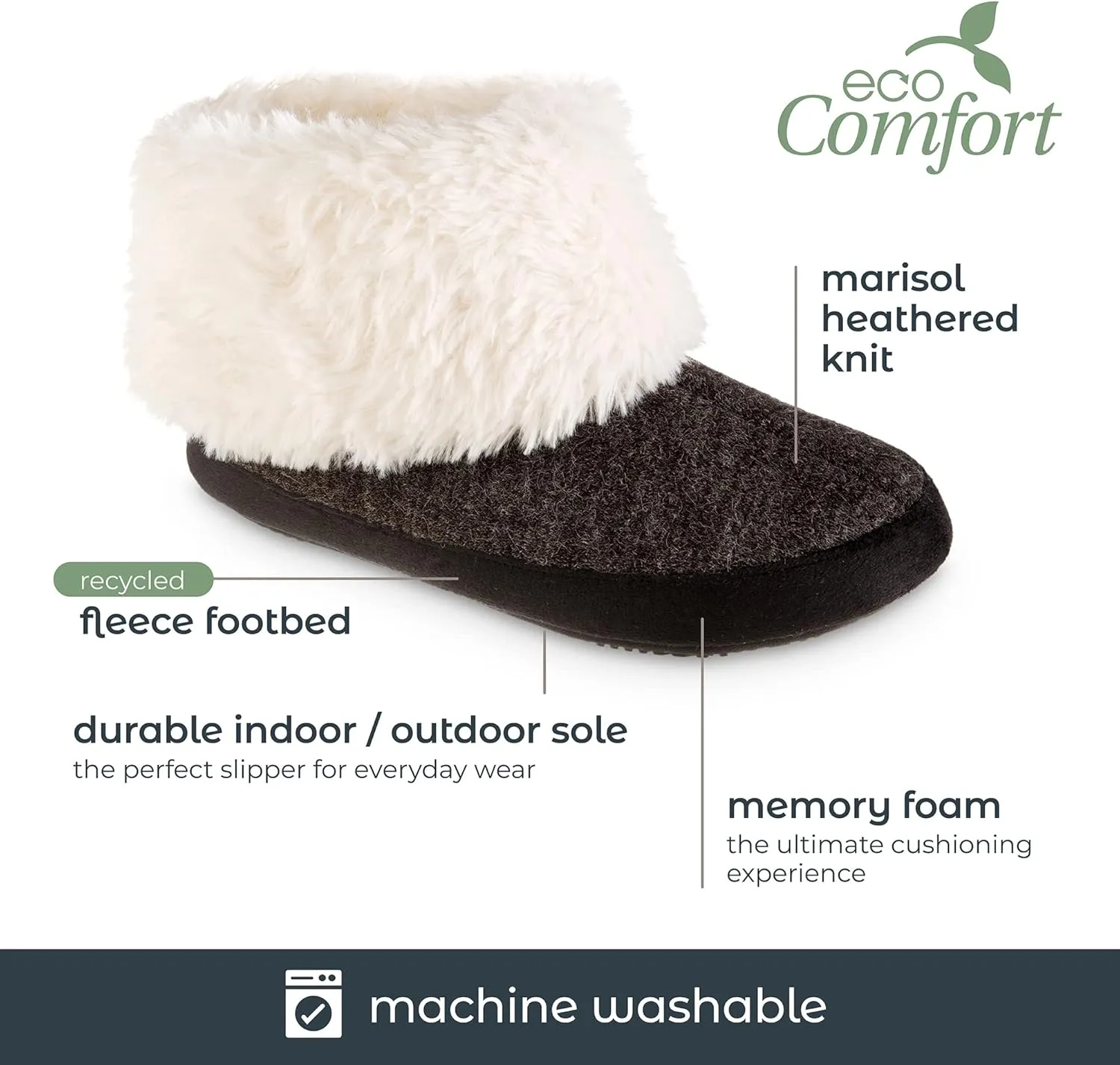 isotoner Women's Recycled Comfort Memory Foam Heather Knit Marisol Boot Slippers