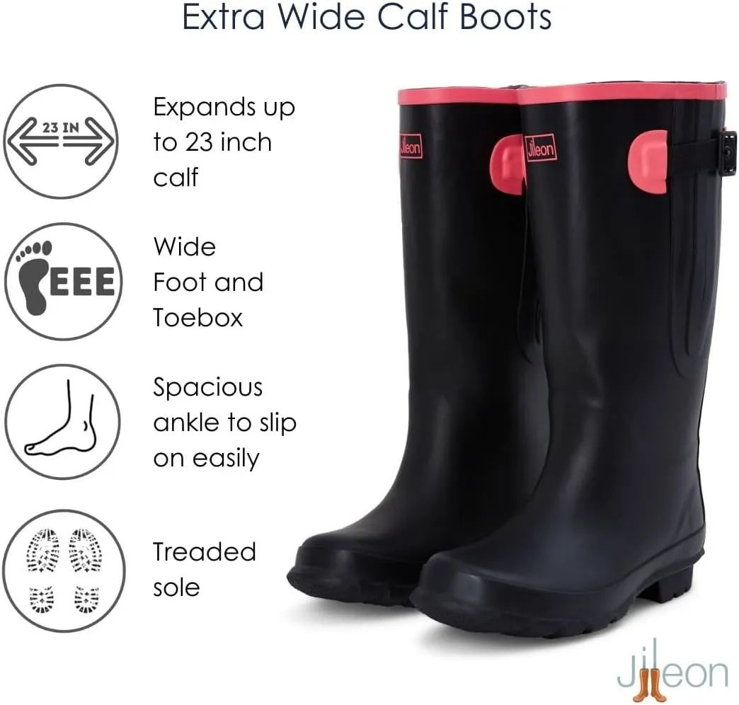 Jileon Extra Wide Calf Rain Boots - Ideal for Wide Feet, Ankles & Calves - Fit 16 to 23” Calves - Durable & Waterproof