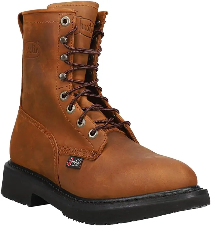 Justin Boot Company (WSL) Mens Livestock Aged Brown 8In LaceUp Round Soft Toe Work Boot