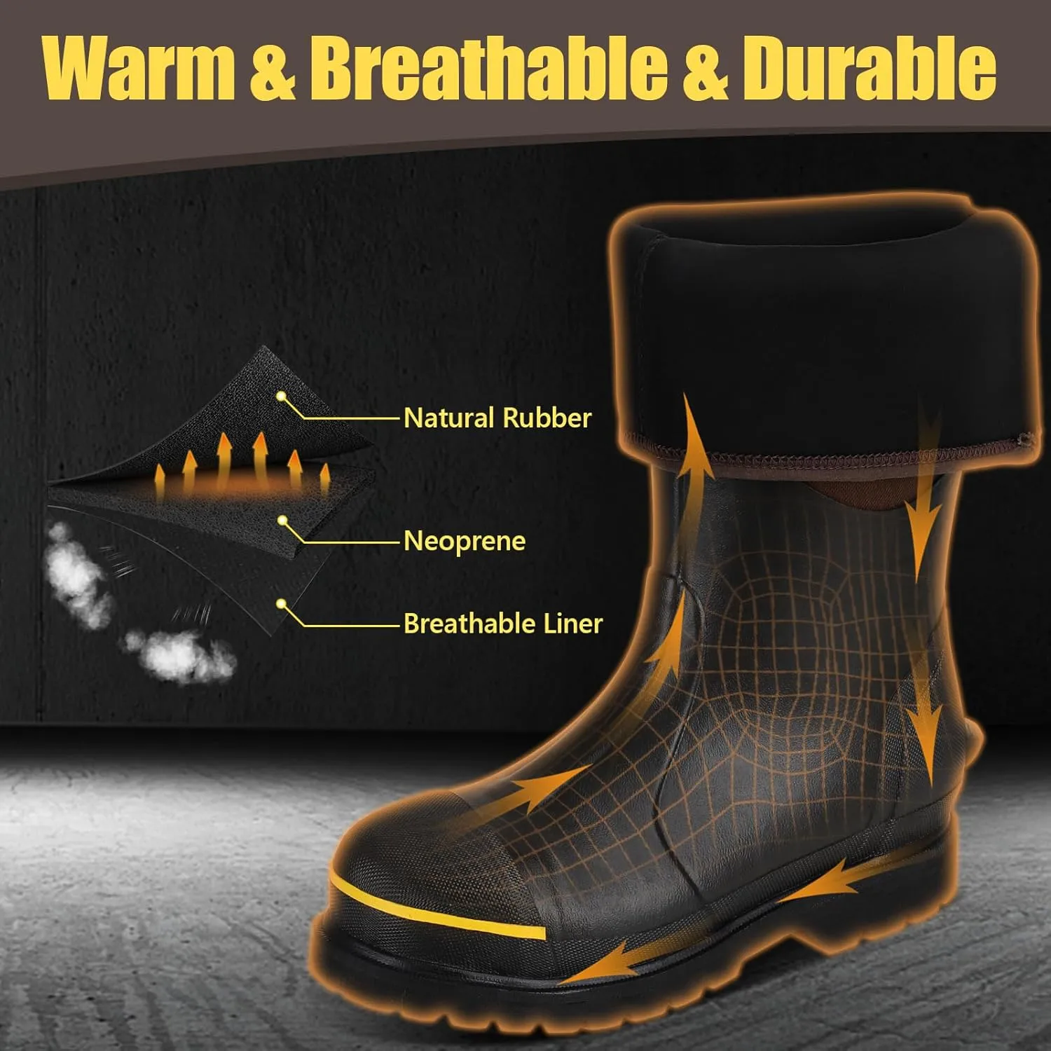 Kalkal Steel Toe Rubber Boots for Men - Waterproof Anti Slip Work Boots 6mm Neoprene Rain Boot Durable Hunting Boots with Steel Shank for Farming Gardening Construction Outdoor Work Size 5-14