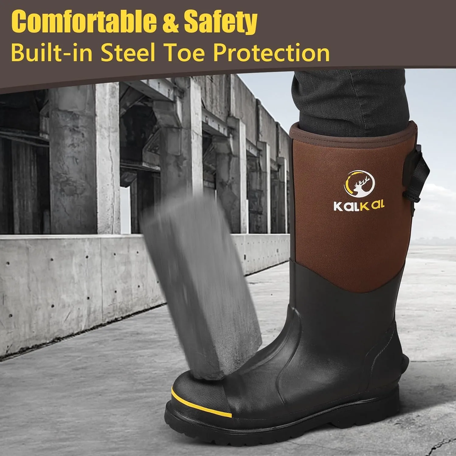 Kalkal Steel Toe Rubber Boots for Men - Waterproof Anti Slip Work Boots 6mm Neoprene Rain Boot Durable Hunting Boots with Steel Shank for Farming Gardening Construction Outdoor Work Size 5-14