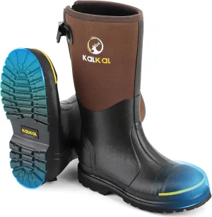 Kalkal Steel Toe Rubber Boots for Men - Waterproof Anti Slip Work Boots 6mm Neoprene Rain Boot Durable Hunting Boots with Steel Shank for Farming Gardening Construction Outdoor Work Size 5-14