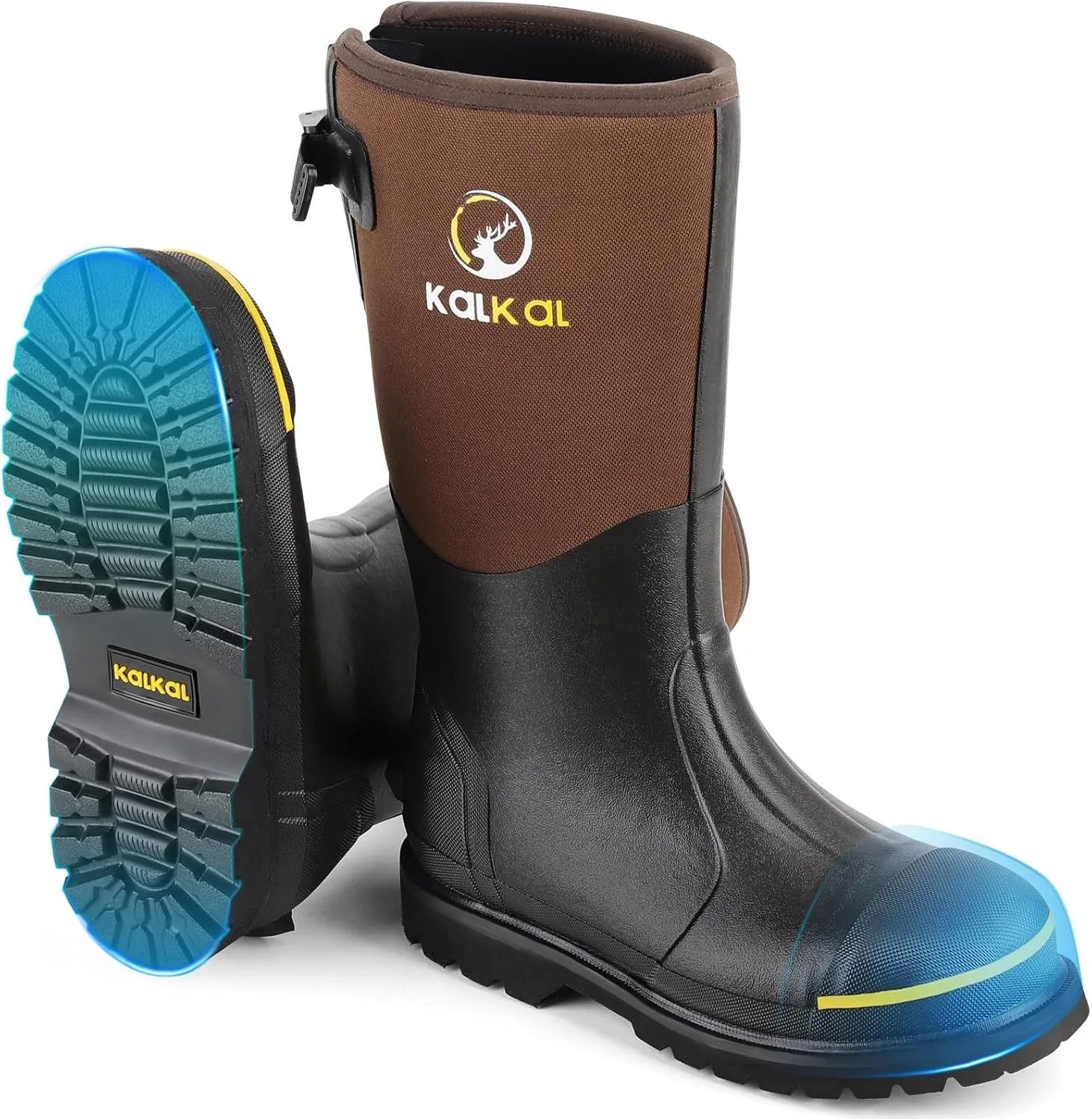 Kalkal Steel Toe Rubber Boots for Men - Waterproof Anti Slip Work Boots 6mm Neoprene Rain Boot Durable Hunting Boots with Steel Shank for Farming Gardening Construction Outdoor Work Size 5-14