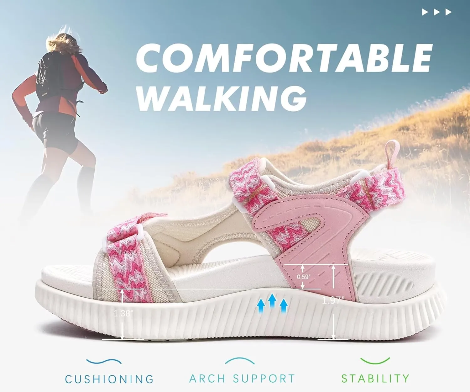 KuaiLu Womens Orthopedic Walking Sandals Recovery Sport Outdoor Hiking Water Sandles Thick Athletic Cushion Adjustable Strap Sandals with Comfortable Plantar Fasciitis Arch Support