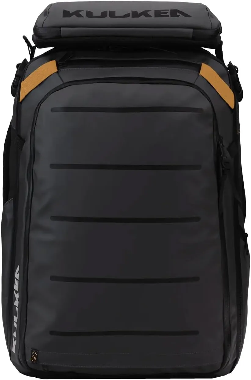 Käydä 40L Travel Backpack - Spacious Carry On Backpack with Detachable Travel Pouch, Magnetic Water Bottle Pocket, Passport and Laptop Pocket - Convertible Boot Bag for Snow Sports (Black/Gold)