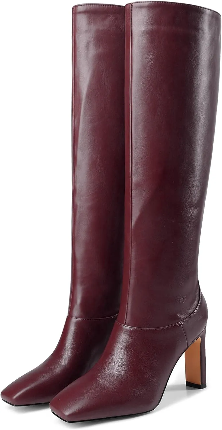 LEMUTISME Women's Trendy Closed Square Toe Matte Leather Two-tone Wide Calf Chunky High Heel Dress Slip On Knee High Boots