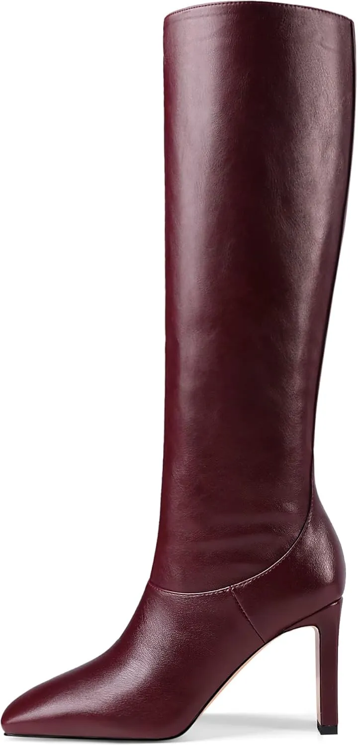 LEMUTISME Women's Trendy Closed Square Toe Matte Leather Two-tone Wide Calf Chunky High Heel Dress Slip On Knee High Boots