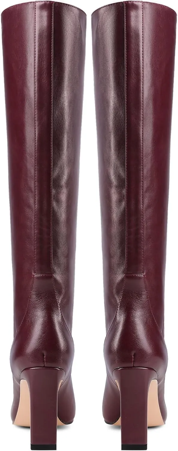 LEMUTISME Women's Trendy Closed Square Toe Matte Leather Two-tone Wide Calf Chunky High Heel Dress Slip On Knee High Boots