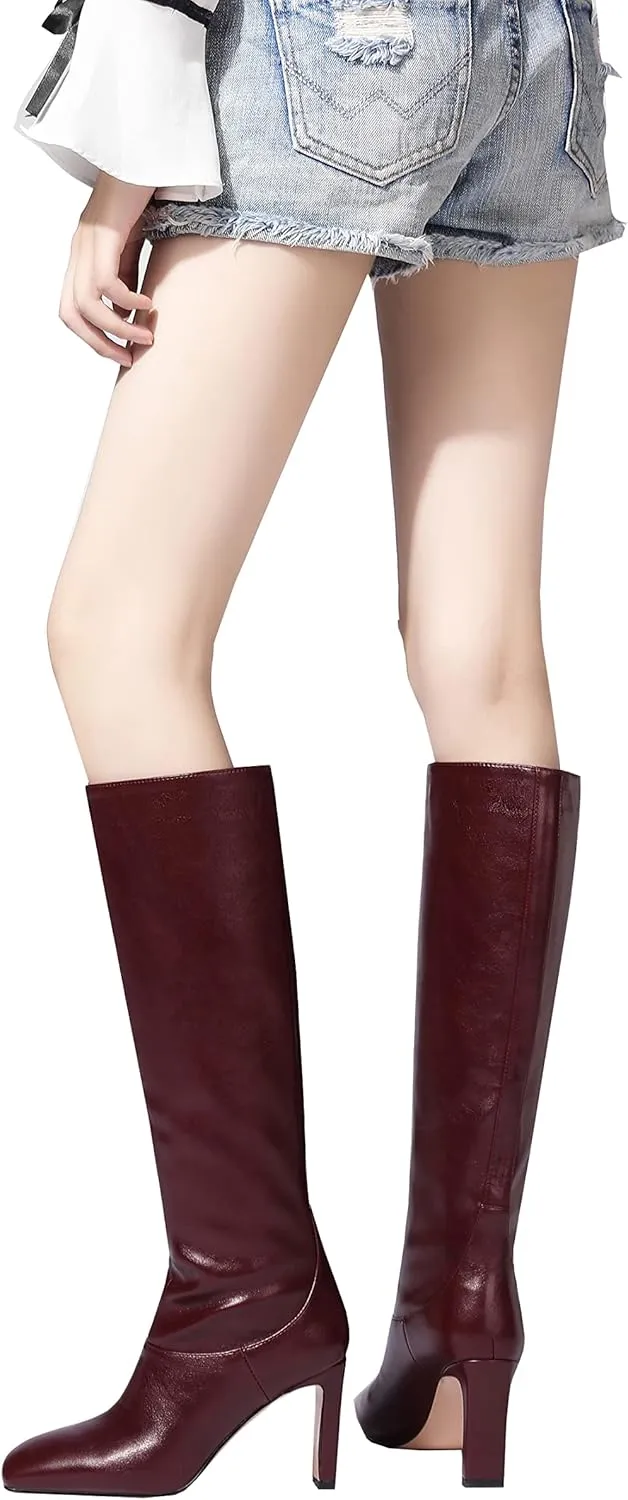 LEMUTISME Women's Trendy Closed Square Toe Matte Leather Two-tone Wide Calf Chunky High Heel Dress Slip On Knee High Boots