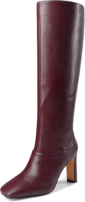 LEMUTISME Women's Trendy Closed Square Toe Matte Leather Two-tone Wide Calf Chunky High Heel Dress Slip On Knee High Boots