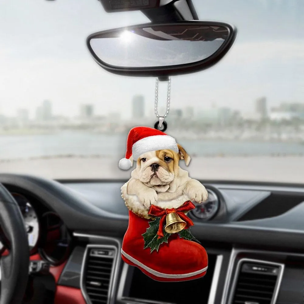 Lovely Bulldog in Santa Boot Christmas Acrylic Ornament, Gift for Bulldog Dog Lovers to Decor Car On Xmas Day, 2D Decorative 2-Sided Flat Car Hanging Ornament