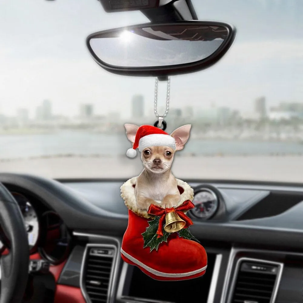 Lovely Chihuahua in Santa Boot Christmas Acrylic Ornament, Gift for Chihuahua Dog Lovers to Decor Car On Xmas Day, 2D Decorative 2-Sided Flat Car Hanging Ornament
