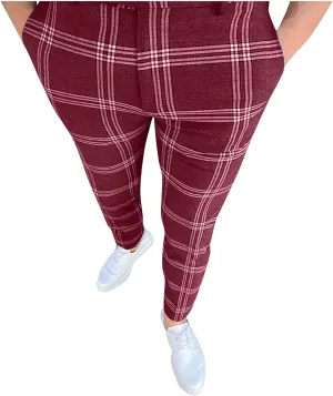 Mens Dress Pants Slim Fit Stretch Fashion Plaid Pant Skinny Leg Striped Button Work Pants Straight Casual Pants
