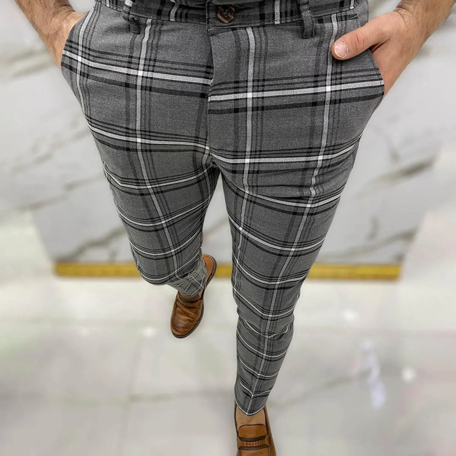 Mens Dress Pants Slim Fit Stretch Fashion Plaid Pant Skinny Leg Striped Button Work Pants Straight Casual Pants