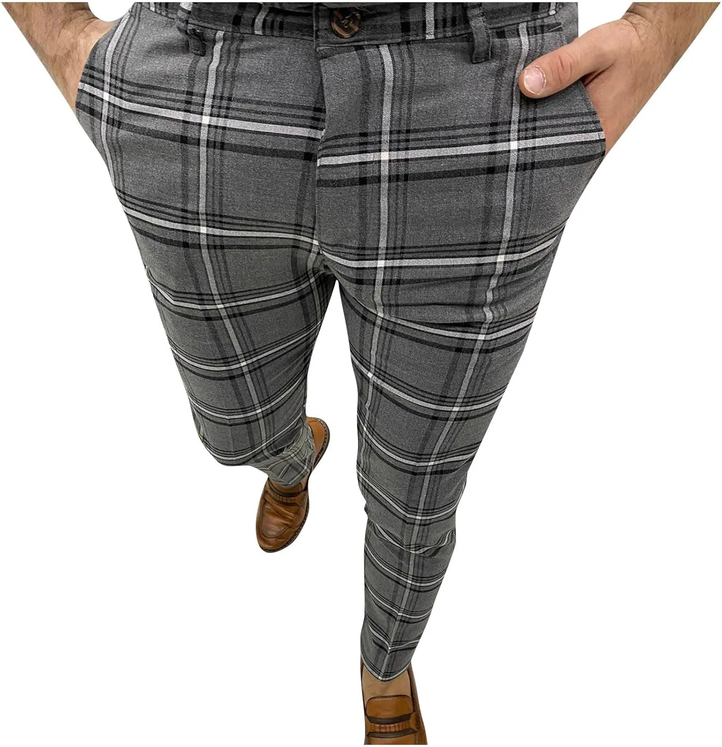 Mens Dress Pants Slim Fit Stretch Fashion Plaid Pant Skinny Leg Striped Button Work Pants Straight Casual Pants