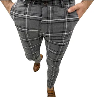 Mens Dress Pants Slim Fit Stretch Fashion Plaid Pant Skinny Leg Striped Button Work Pants Straight Casual Pants
