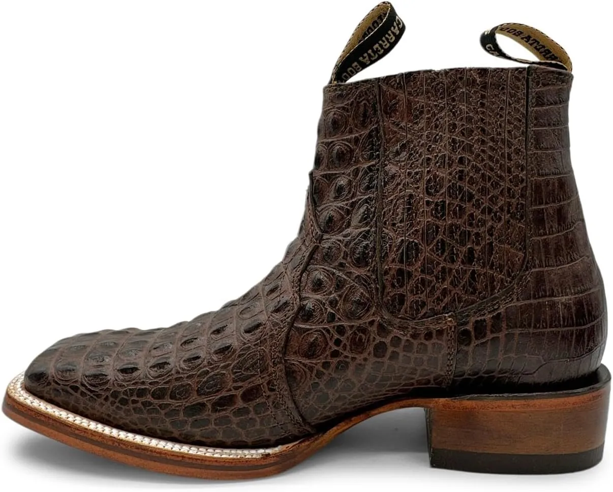 Mens Leather Short Ankle Cowboy Boot With Embossed Crocodile Print