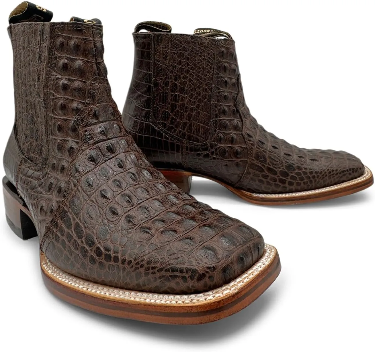 Mens Leather Short Ankle Cowboy Boot With Embossed Crocodile Print