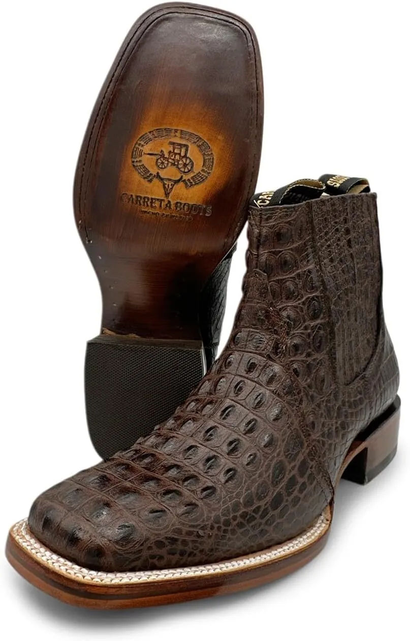 Mens Leather Short Ankle Cowboy Boot With Embossed Crocodile Print