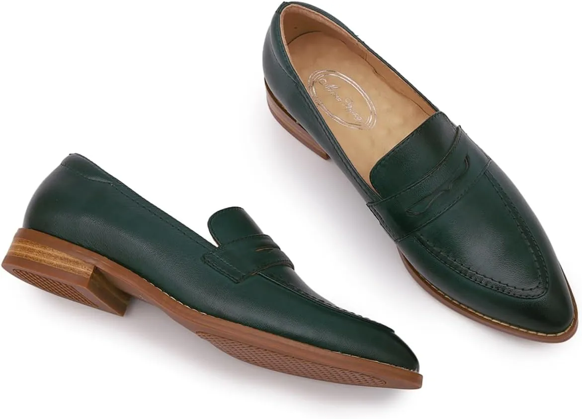 Mona flying Women's Leather Pointed Toe Penny Loafer Dress Casual Slip on Flat Office Work Shoes for Ladies