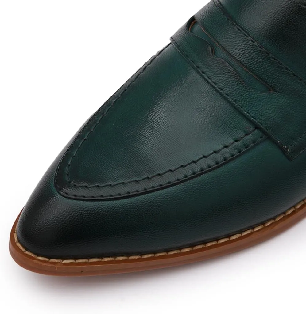 Mona flying Women's Leather Pointed Toe Penny Loafer Dress Casual Slip on Flat Office Work Shoes for Ladies