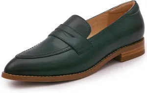 Mona flying Women's Leather Pointed Toe Penny Loafer Dress Casual Slip on Flat Office Work Shoes for Ladies